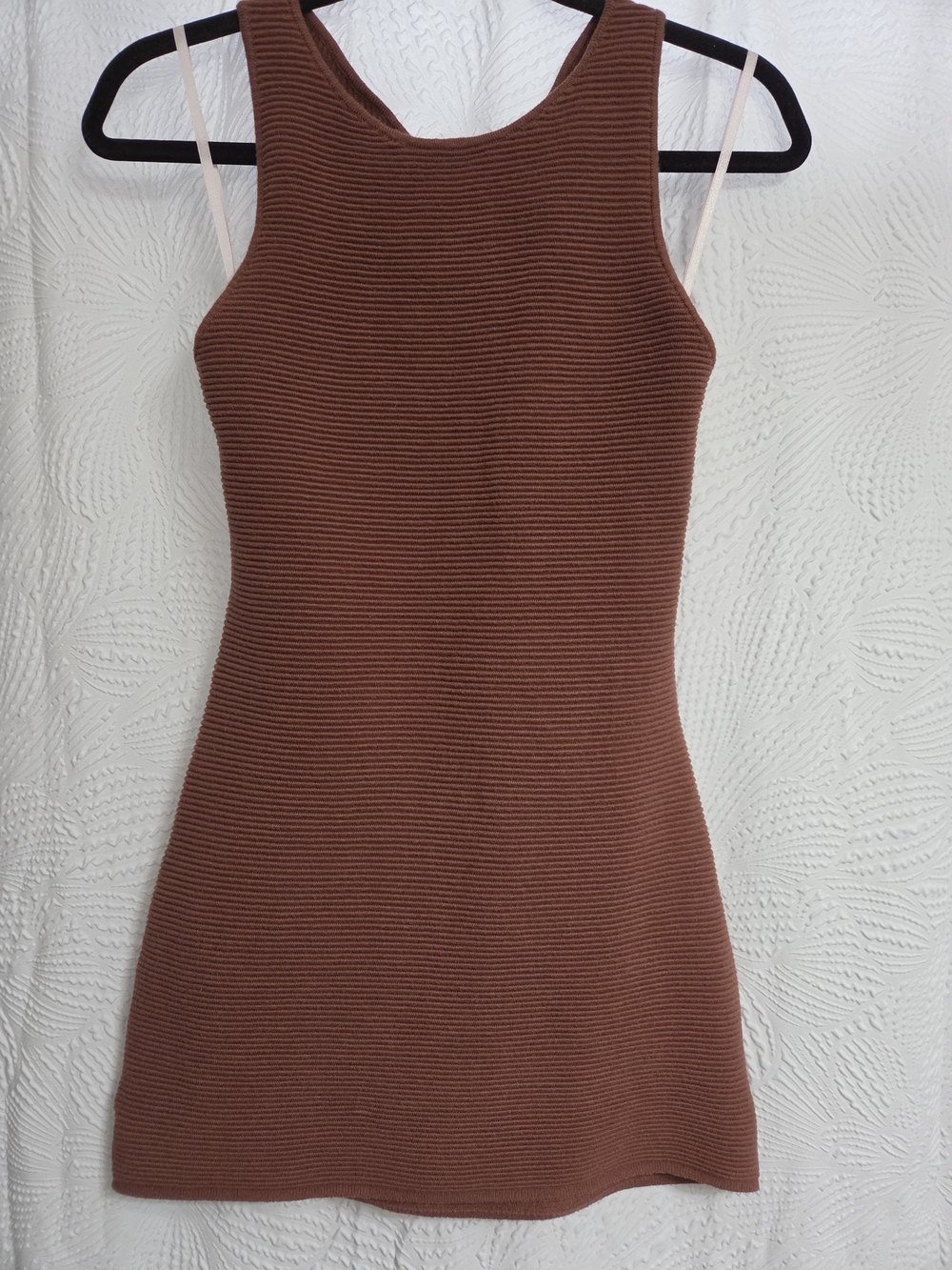 Sleeveless Ribbed Mini Dress in Rusty Brown.